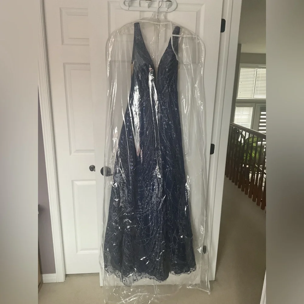 Full Length Navy Glitter Tulle and Satin Gown - Picture 3 of 15